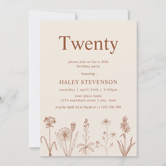 Wildflower Twenty Beige Terracotta 20th Birthday Invitation (Front)