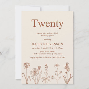 Wildflower Twenty Beige Terracotta 20th Birthday Invitation