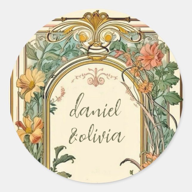 Wildflower Victorian Ornate Border Wedding Classic Round Sticker (Front)