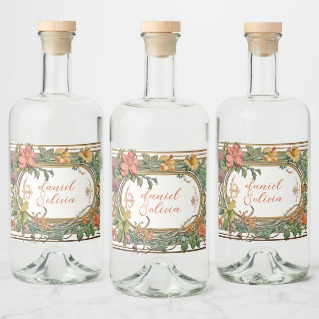 Wildflower Victorian Ornate Border Wedding Liquor Bottle Label (Bottles)