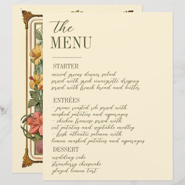 Wildflower Victorian Ornate Border Wedding Menu (Front/Back)