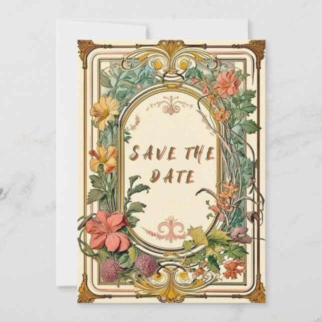 Wildflower Victorian Ornate Border Wedding Save The Date (Front)