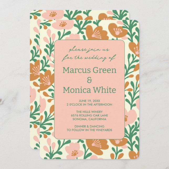 Wildflower Vines Pink Green Custom QR Code WEDDING Invitation (Front/Back)