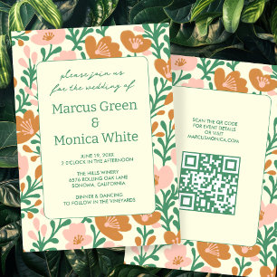Wildflower Vines Pink Green Custom QR Code WEDDING Invitation