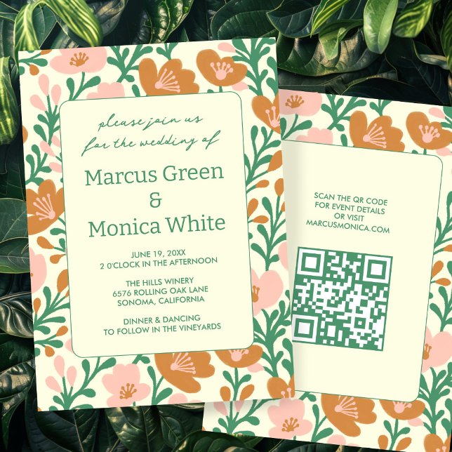 Wildflower Vines Pink Green Custom QR Code WEDDING Invitation (Wildflower Vines Pink Green Custom QR Code WEDDING Invitation
)