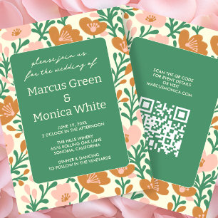 Wildflower Vines Pink Green Custom QR Code WEDDING Invitation