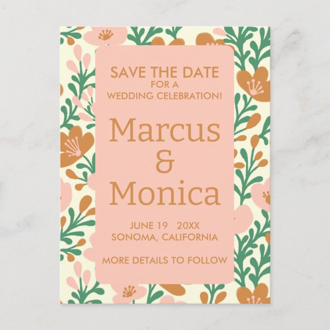 Wildflower Vines Pink Green Custom Save the Date  Postcard (Front)