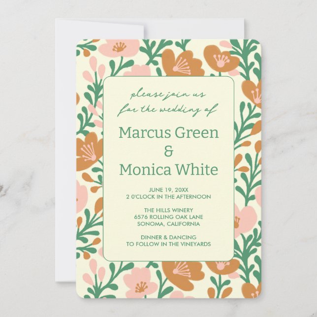 Wildflower Vines Pink Green Custom WEDDING  Invitation (Front)