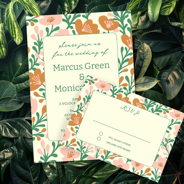 Wildflower Vines Pink Green Custom WEDDING  RSVP Card (Wildflower Vines Pink Green Custom WEDDING RSVP Card
)