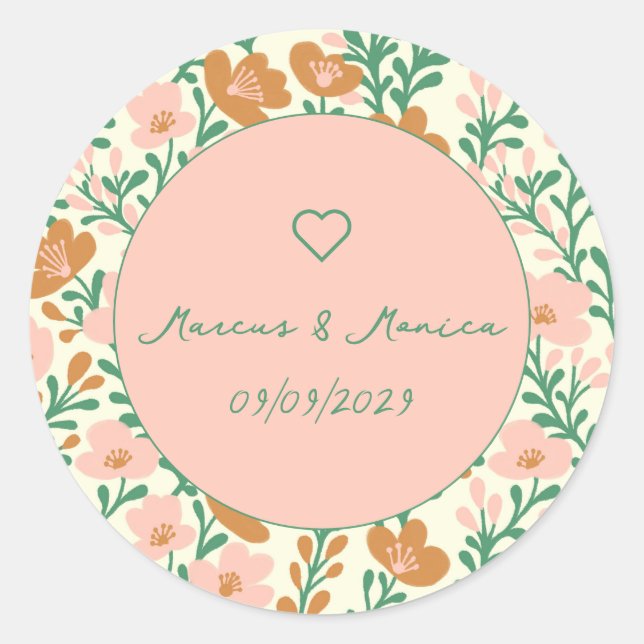 Wildflower Vines Pink Green Elegant Wedding Custom Classic Round Sticker (Front)