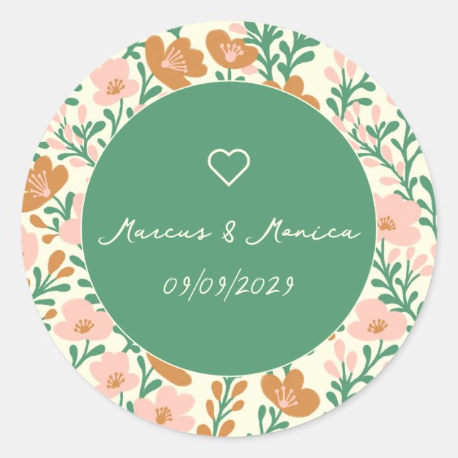 Wildflower Vines Pink Green Elegant Wedding Custom Classic Round Sticker (Front)