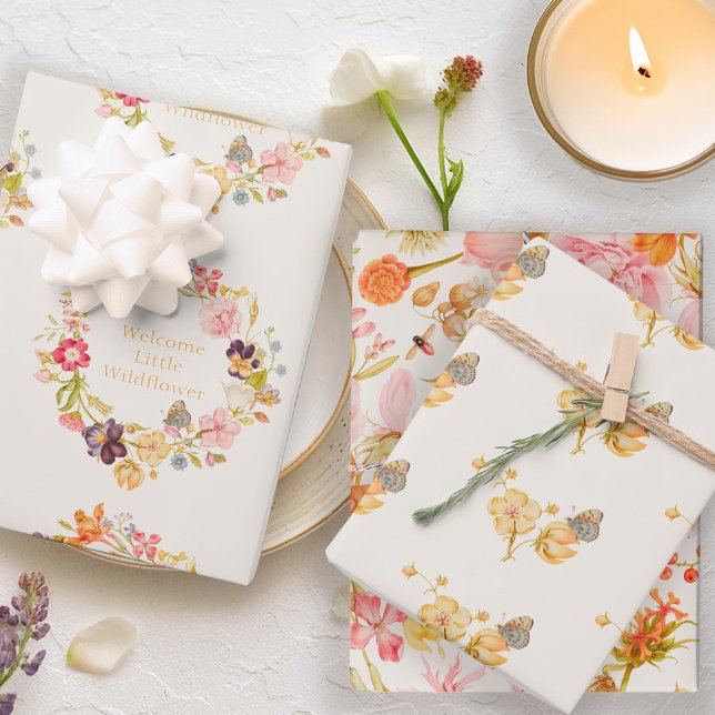 Wildflower Vintage Botanical Baby Shower Wrapping Paper Sheet (Creator Uploaded)