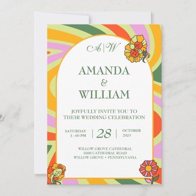 Wildflower vintage Floral Rainbow Retro  Wedding Invitation (Front)