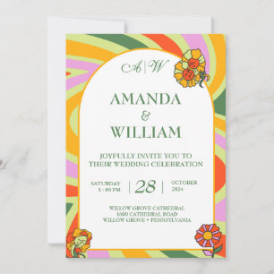 Wildflower vintage Floral Rainbow Retro  Wedding Invitation