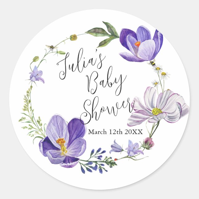Wildflower Violet Baby Shower  Classic Round Sticker (Front)