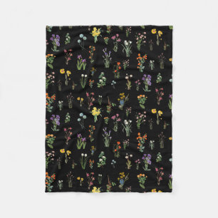 Wildflower Watercolor Black Botanical Floral Fleece Blanket