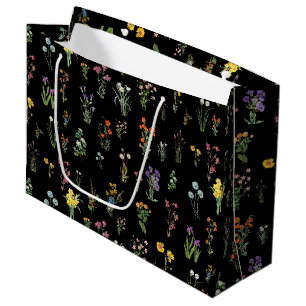 Wildflower Watercolor Black Botanical Floral Large Gift Bag