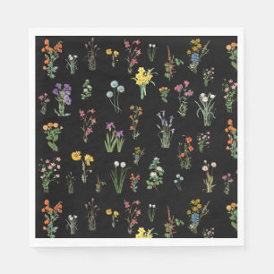 Wildflower Watercolor Black Botanical Floral Napkin