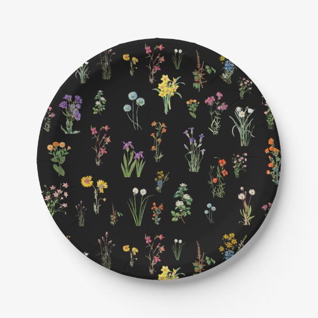 Wildflower Watercolor Black Botanical Floral Paper Plate (Front)