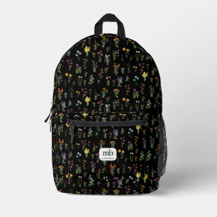 Wildflower Watercolor Black Botanical Floral Printed Backpack
