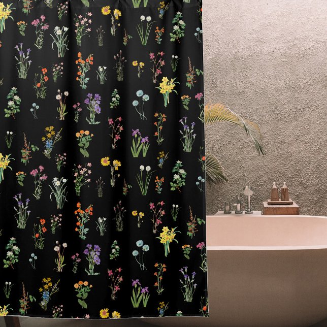 Wildflower Watercolor Black Botanical Floral Shower Curtain (Wildflower Watercolor Black Botanical Floral Shower Curtain)
