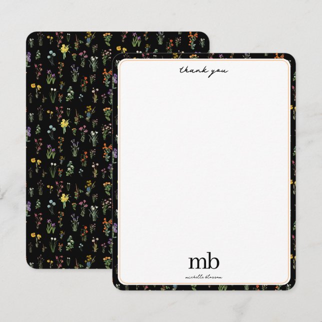 Wildflower Watercolor Black Botanical Floral Thank You Card (Front/Back)