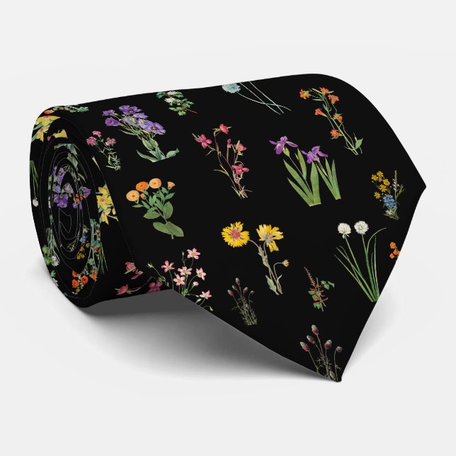 Wildflower Watercolor Black Botanical Floral Tie (Rolled)