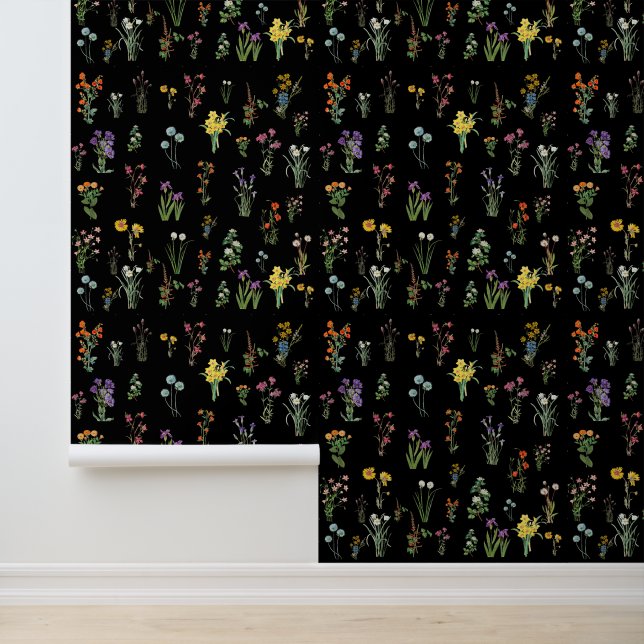 Wildflower Watercolor Black Botanical Floral Wallpaper (Application)