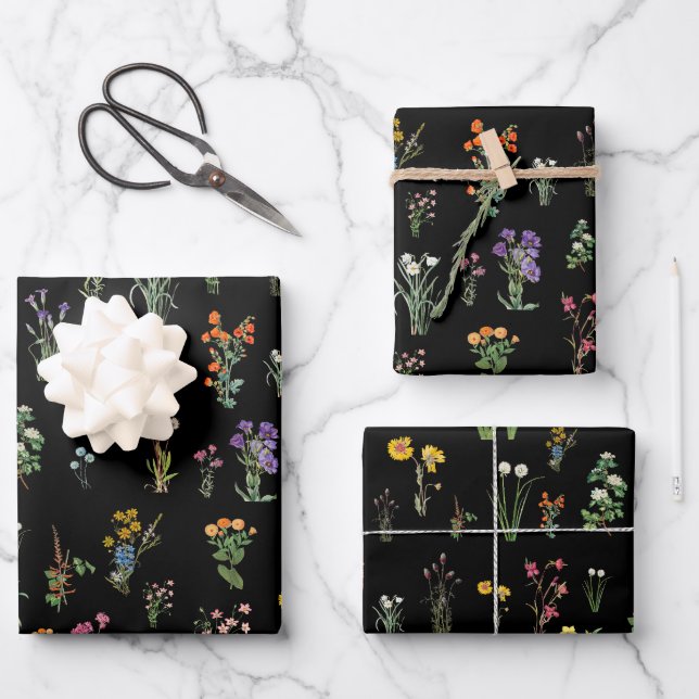 Wildflower Watercolor Black Botanical Floral Wrapping Paper Sheet (Front)