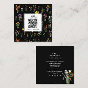Wildflower Watercolor Black Floral Designer Boho Square Business Card