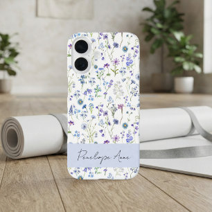 Wildflower Watercolor Blue Purple Script Name iPhone 16 Case
