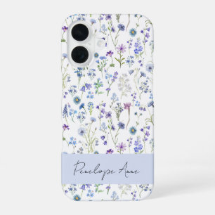 Wildflower Watercolor Blue Purple Script Name iPhone 16 Case