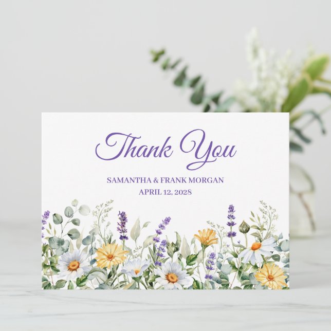 Wildflower Watercolor Border Wedding Thank You Card (Standing Front)