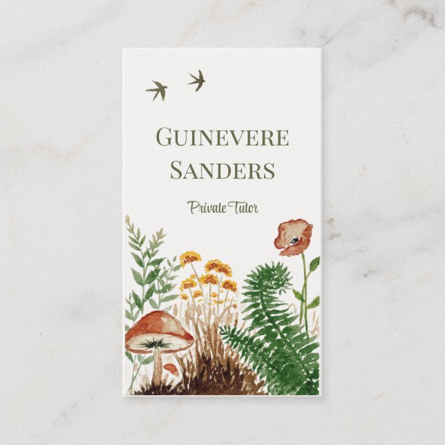 Wildflower Watercolor Botanical Fern Mushroom Business Card (Front)