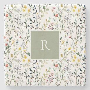 Wildflower Watercolor Botanical Monogram Stone Coaster