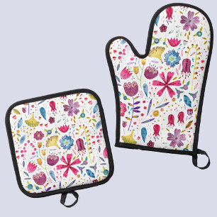 Wildflower Watercolor Botanical Pattern Oven Mitt & Pot Holder Set