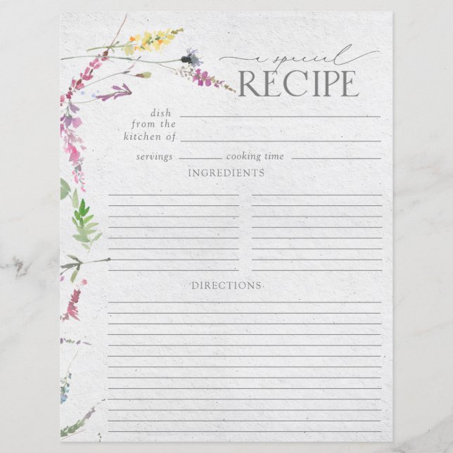 Wildflower Watercolor Bridal Shower Recipe Page (Front)