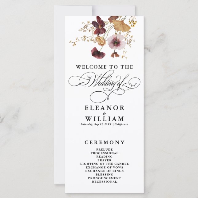 Wildflower Watercolor Calligraphy Wedding program (Front)