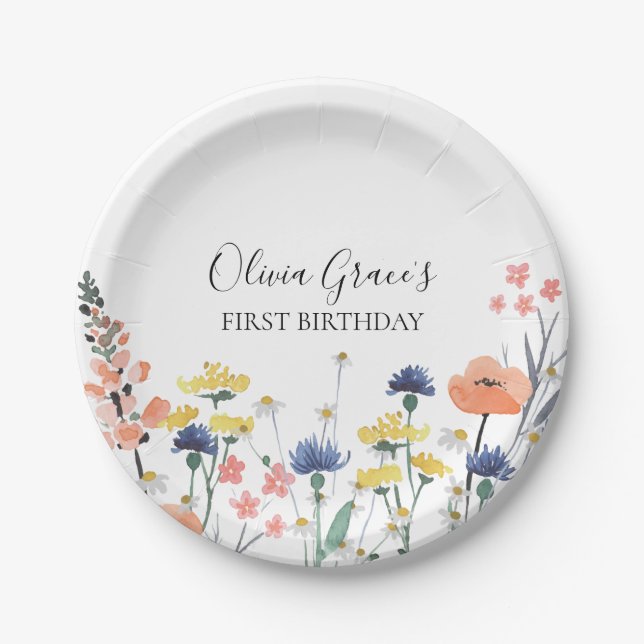 Wildflower watercolor FIRST BIRTHDAY Paper Plate (Front)