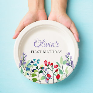 Wildflower Watercolor Floral 1st birthday Paper Plate