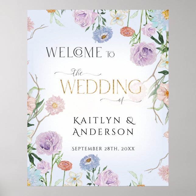 Wildflower Watercolor Floral Blue Welcome Wedding  Poster (Front)