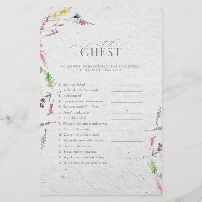 Wildflower Watercolor Floral Bridal Shower Game (Front)