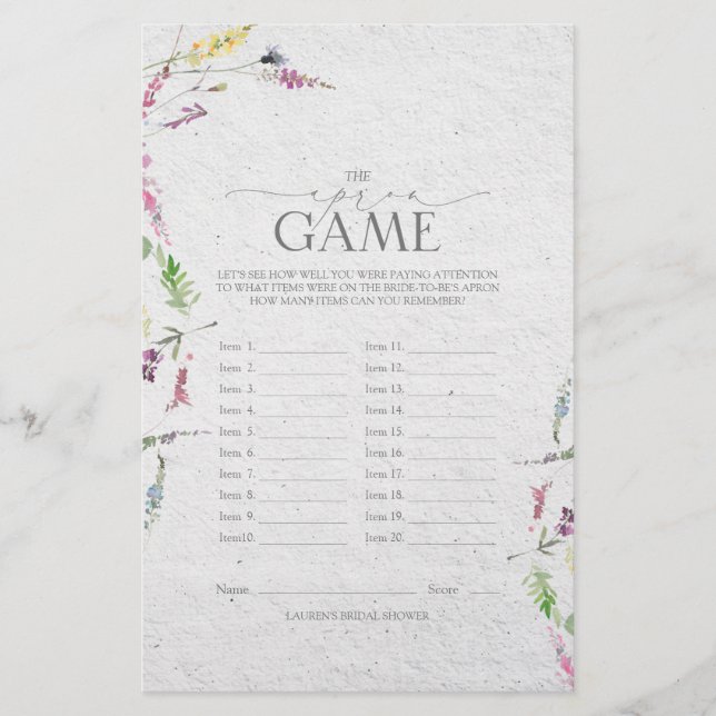 Wildflower Watercolor Floral Bridal Shower Game (Front)