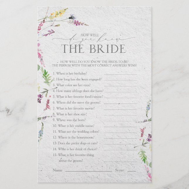Wildflower Watercolor Floral Bridal Shower Game (Front)