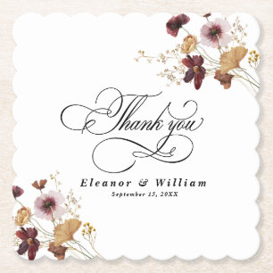 Wildflower Watercolor Floral Calligraphy Wedding Paper Coaster