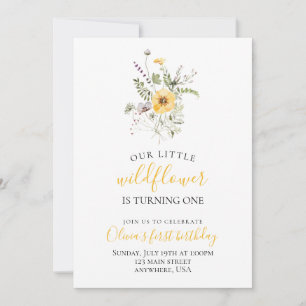 Wildflower watercolor floral first birthday invitation