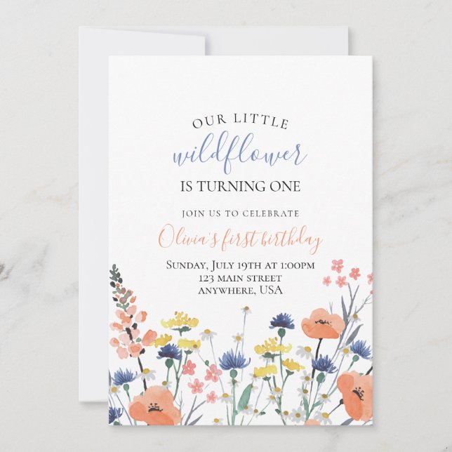 Wildflower watercolor floral first birthday invitation (Front)