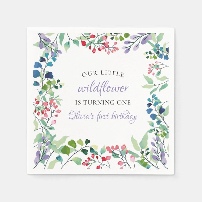 Wildflower watercolor floral first birthday napkin (Front)