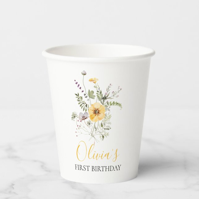 Wildflower watercolor floral first birthday paper cups (Front)
