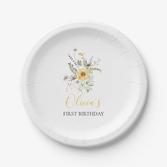 Wildflower watercolor floral first birthday paper plate (Front)
